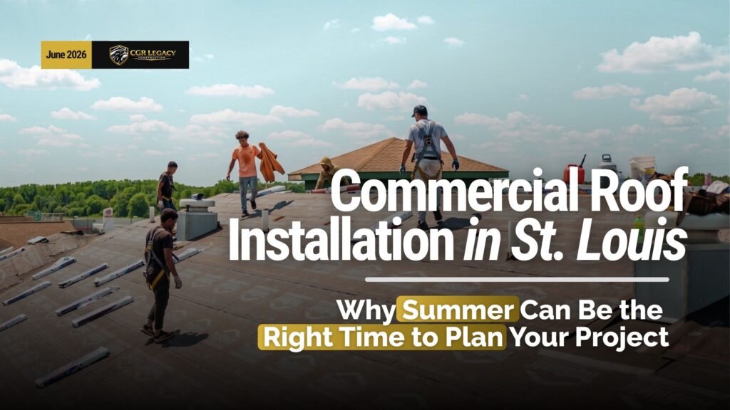 Commercial roofing crew installing materials on a flat roof in St. Louis with text reading “Commercial Roof Installation in St. Louis” and a summer project planning subtitle.