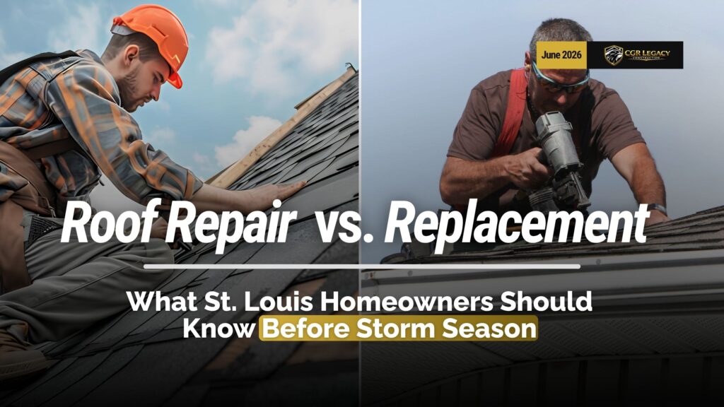 Two roofers working on residential asphalt shingle roofs with bold text reading “Roof Repair vs. Replacement” and a subtitle about what St. Louis homeowners should know before storm season.
